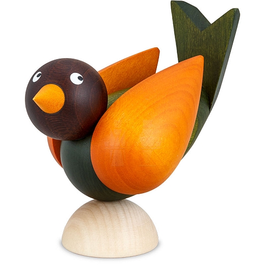 Bird 7.5 cm body green, wings ochre, head brown