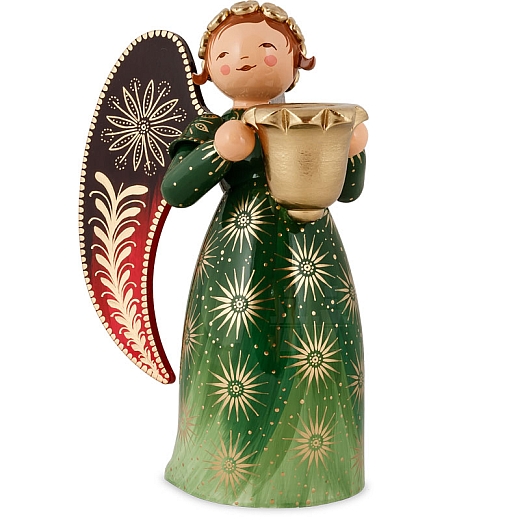 Richly painted angel large with candle holder green