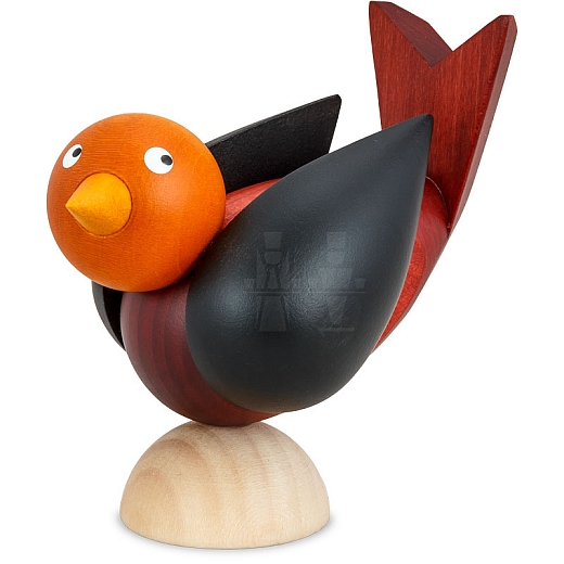 Bird 7.5 cm body wine red, wings black, head ochre