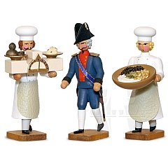 Baker master and two bakers with dish and balance