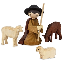 Shepherd with 3 sheep kneeing large stained