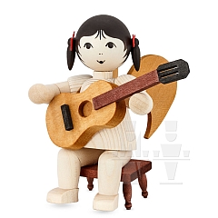 Loop Angel with guitar sitting on stool stained
