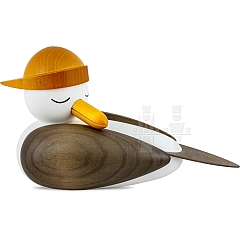 Seagull large sleeping with yellow Souwester hat and gray wings