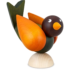 Bird 7.5 cm body green, wings ochre, head brown