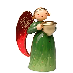 Angel richly painted green with candleholder small